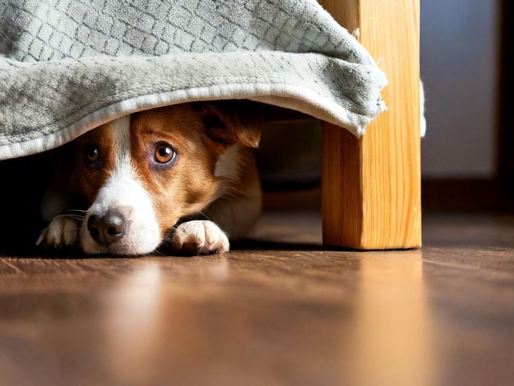 Cão com estresse escondido embaixo do sofá no Esquadrão Pet