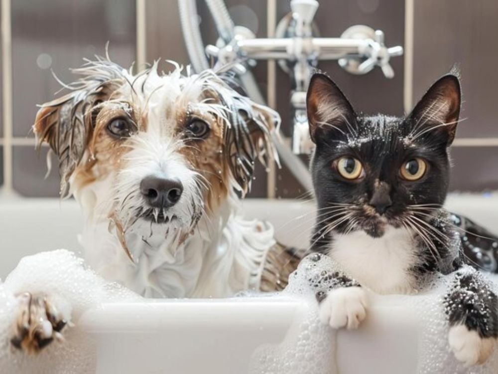 Cão e gato no banho no Esquadrão Pet